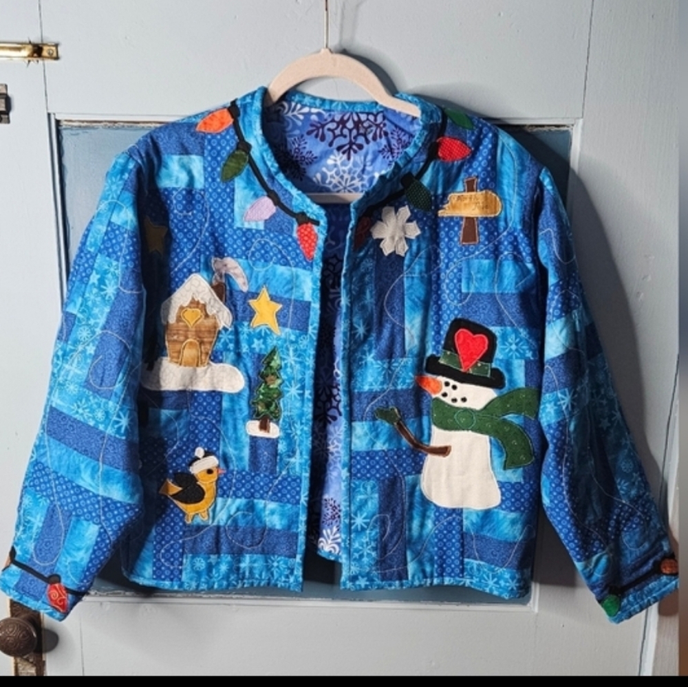 Hand Crafted Blue Women’s Patchwork Quilted Jacket with Snowman Design M/L
